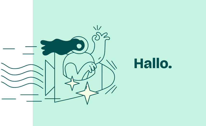 Illustration von einer Person in einer Rakete, die mit der Hand das Okay Zeichen gibt