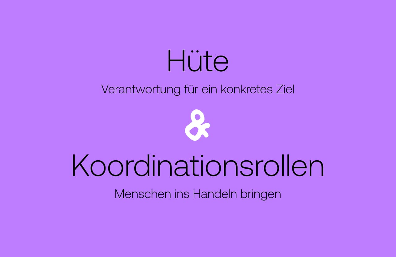 Textliche Definition von Hüte (Verantwortung für ein konkretes Ziel) und Koordinationsrollen (Menschen ins Handeln bringen) auf violetten Hintergrund)